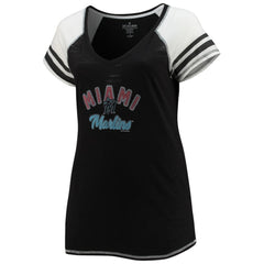 Miami Marlins Soft as a Grape Women's Curvy Color Block Tri-Blend Raglan V-Neck T-Shirt On Sale