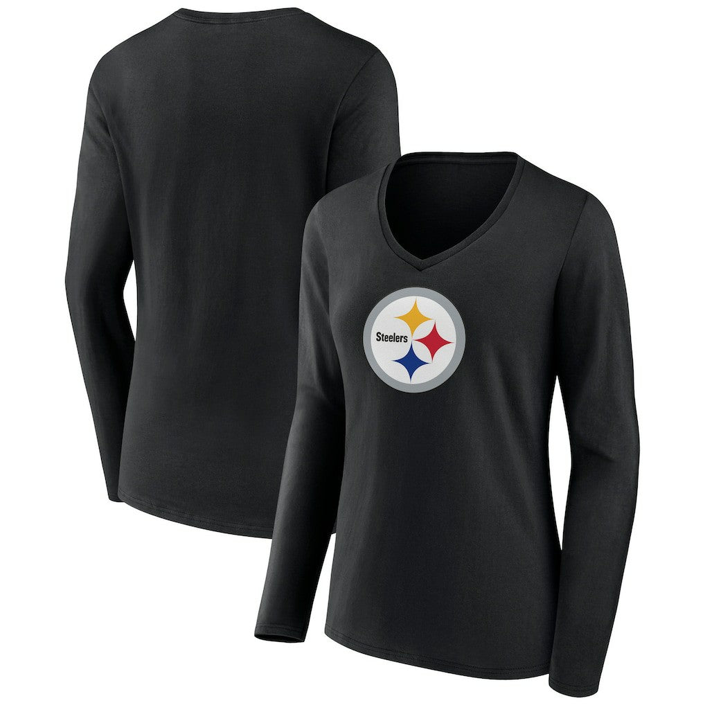 Pittsburgh Steelers Women's Primary Team Logo Long Sleeve V-Neck T-Shirt Black - NFL