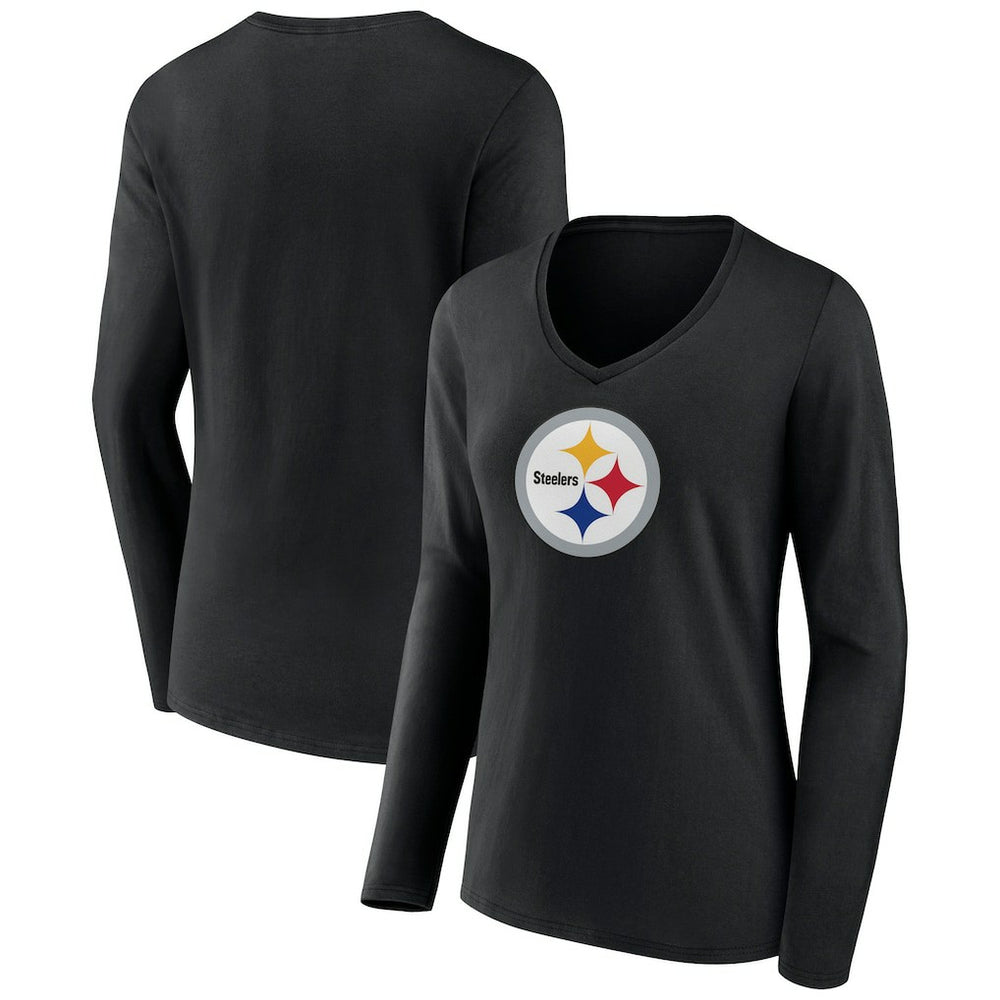 Pittsburgh Steelers Women's Primary Team Logo Long Sleeve V-Neck T-Shirt Black - NFL