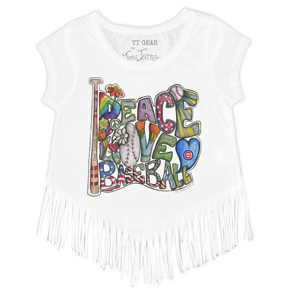 Chicago Cubs Tiny Turnip Girls Youth Peace Love Baseball Fringe T-Shirt Sale