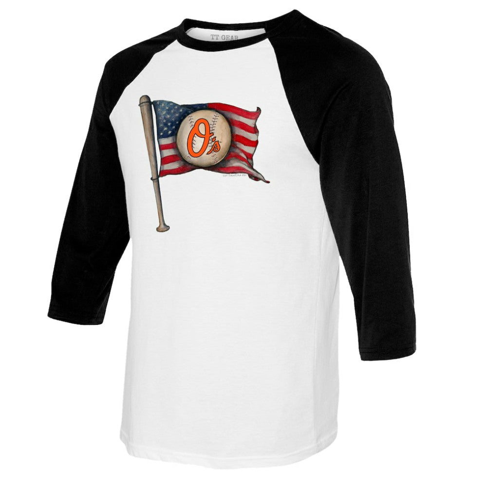 Baltimore Orioles Tiny Turnip Women's Baseball Flag Raglan 3/4 Sleeve T-Shirt Lifestyle