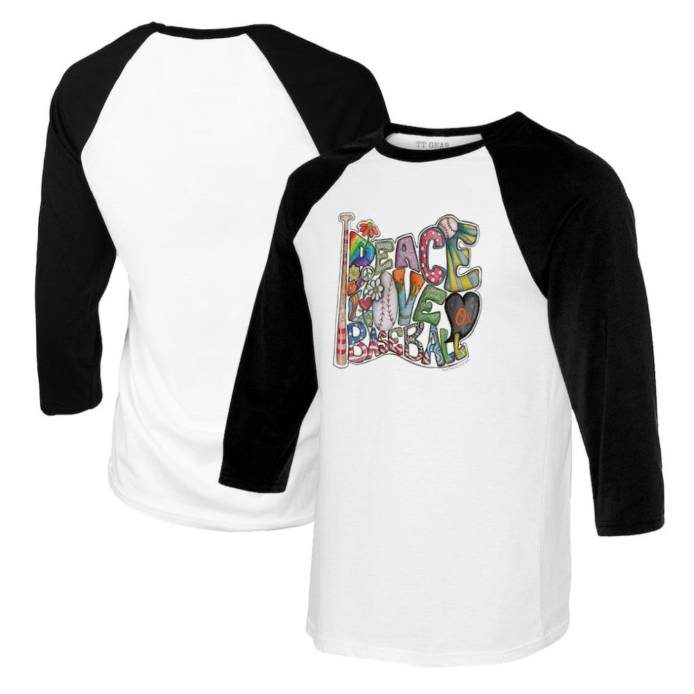 Baltimore Orioles Tiny Turnip Women's Peace Love Baseball 3/4-Sleeve Raglan T-Shirt discount