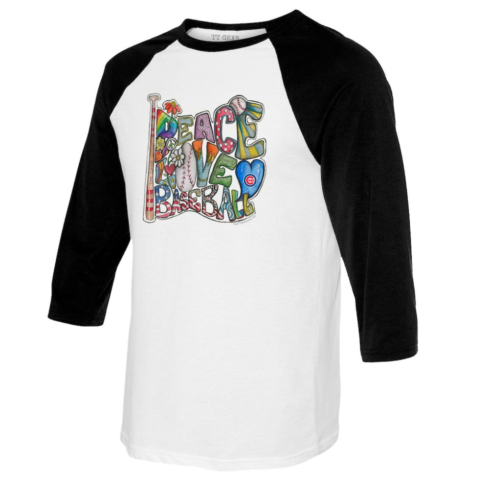 Chicago Cubs Tiny Turnip Women's Peace Love Baseball 3/4-Sleeve Raglan T-Shirt Sale