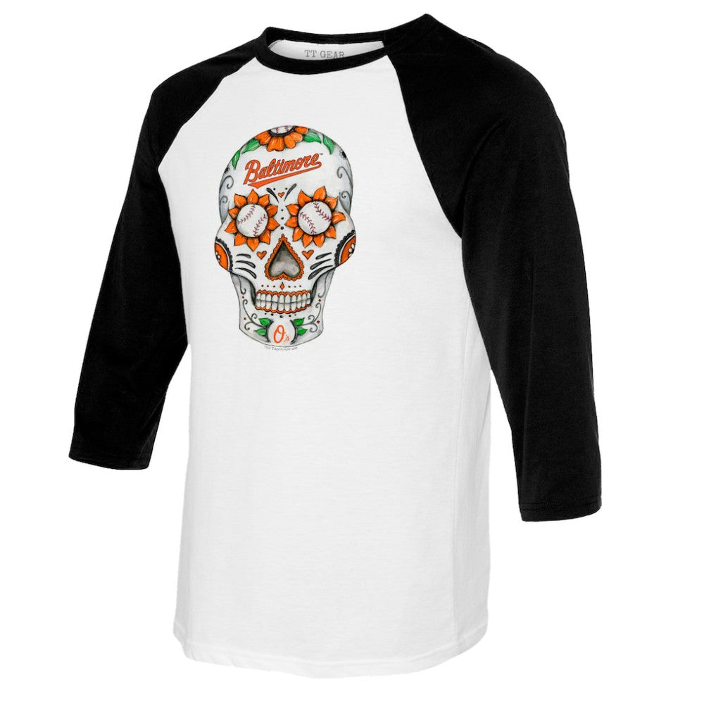 Baltimore Orioles Tiny Turnip Women's Sugar Skull 3/4-Sleeve Raglan T-Shirt Clearance