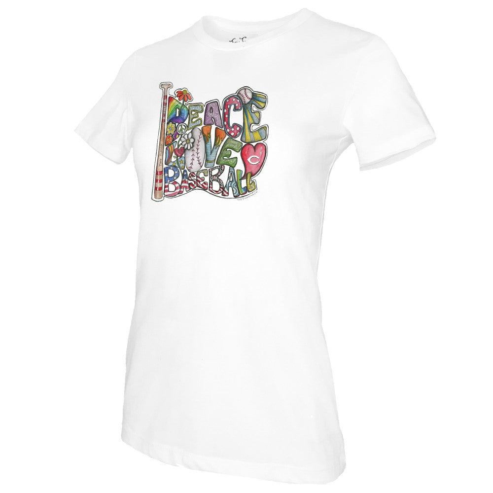 Cincinnati Reds Tiny Turnip Women's Peace Love Baseball T-Shirt On Sale