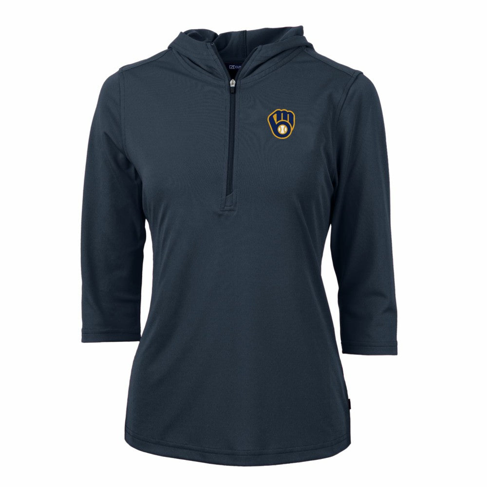 Milwaukee Brewers Cutter & Buck Women's Virtue Eco Pique 3/4 Sleeve Half-Zip Pullover Hoodie Clearance
