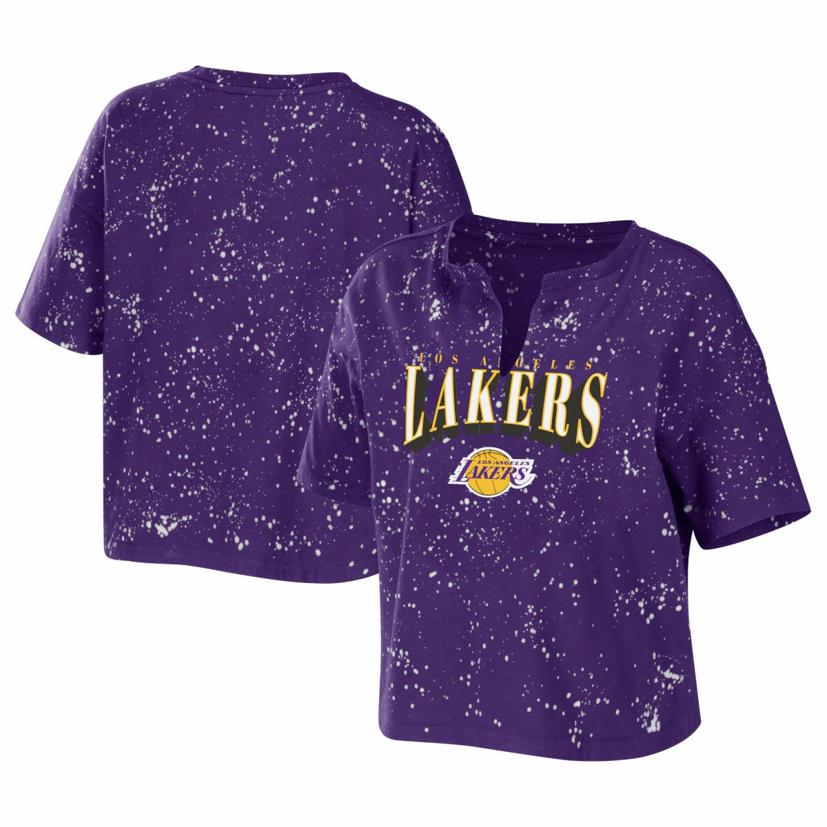 NBA - Los Angeles Lakers WEAR by Erin Andrews Women's Bleach Splatter Notch Neck T-Shirt - Purple