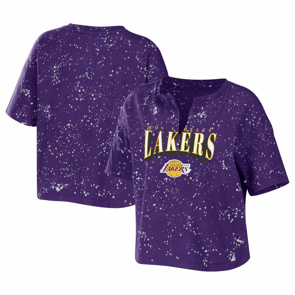 NBA - Los Angeles Lakers WEAR by Erin Andrews Women's Bleach Splatter Notch Neck T-Shirt - Purple