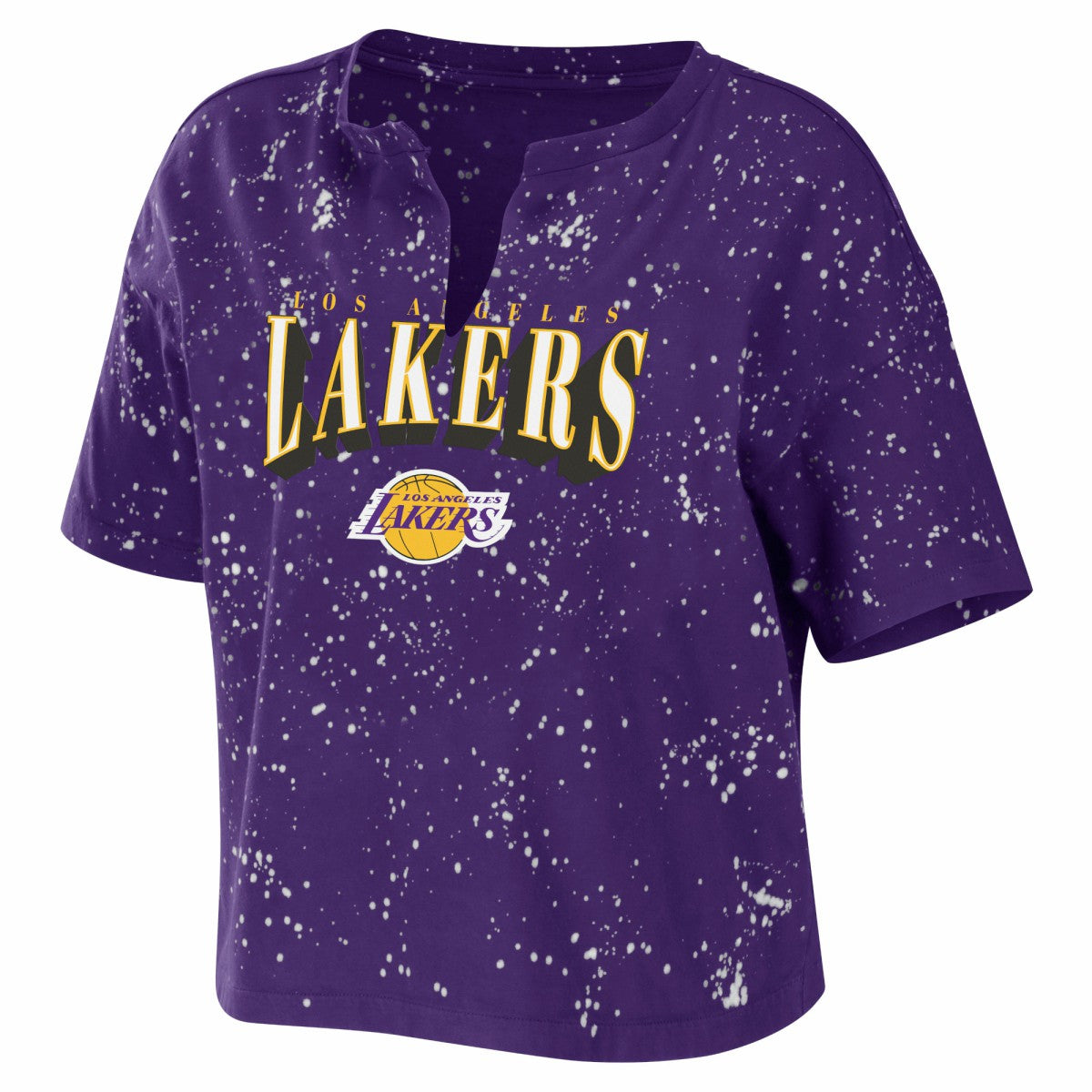 NBA - Los Angeles Lakers WEAR by Erin Andrews Women's Bleach Splatter Notch Neck T-Shirt - Purple
