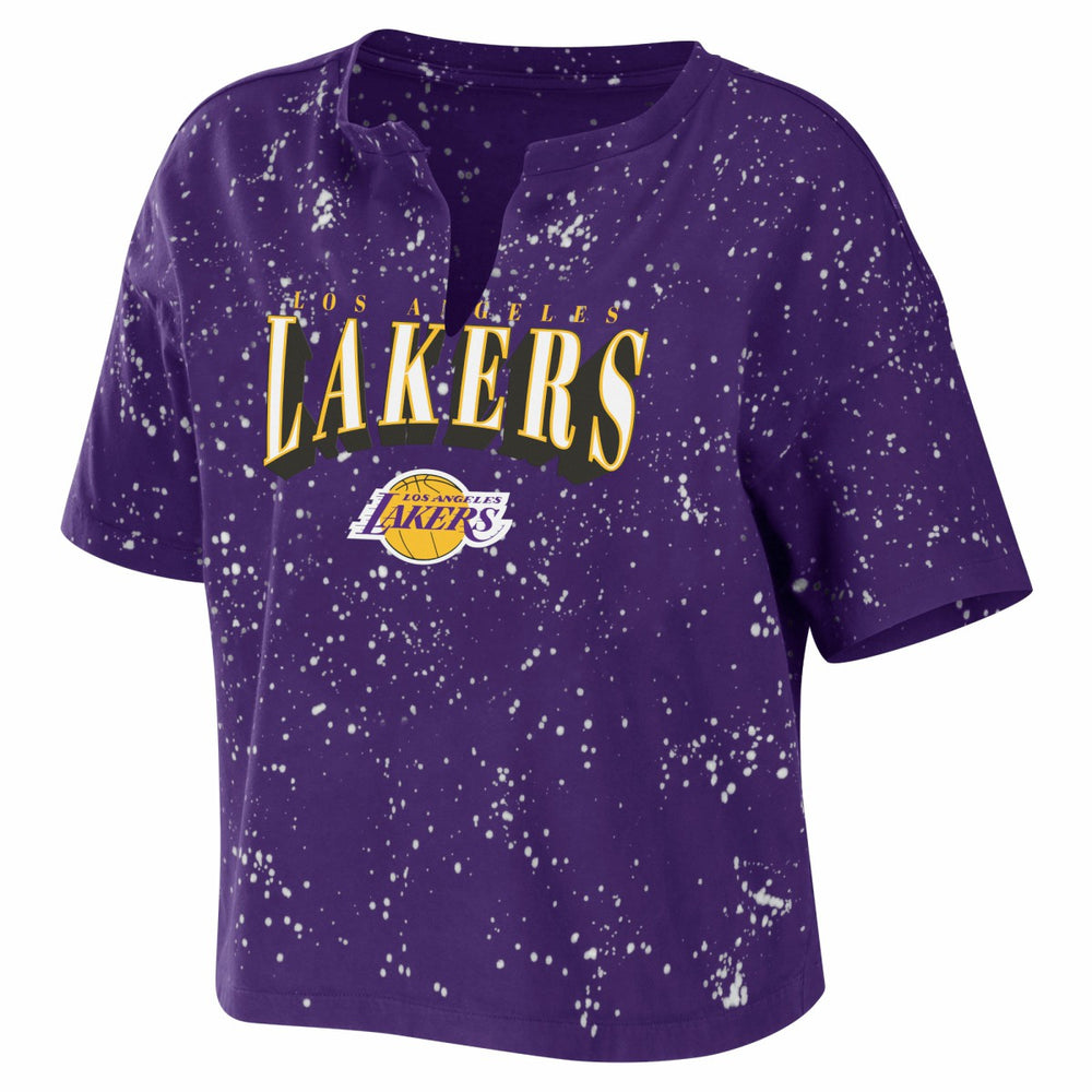 NBA - Los Angeles Lakers WEAR by Erin Andrews Women's Bleach Splatter Notch Neck T-Shirt - Purple