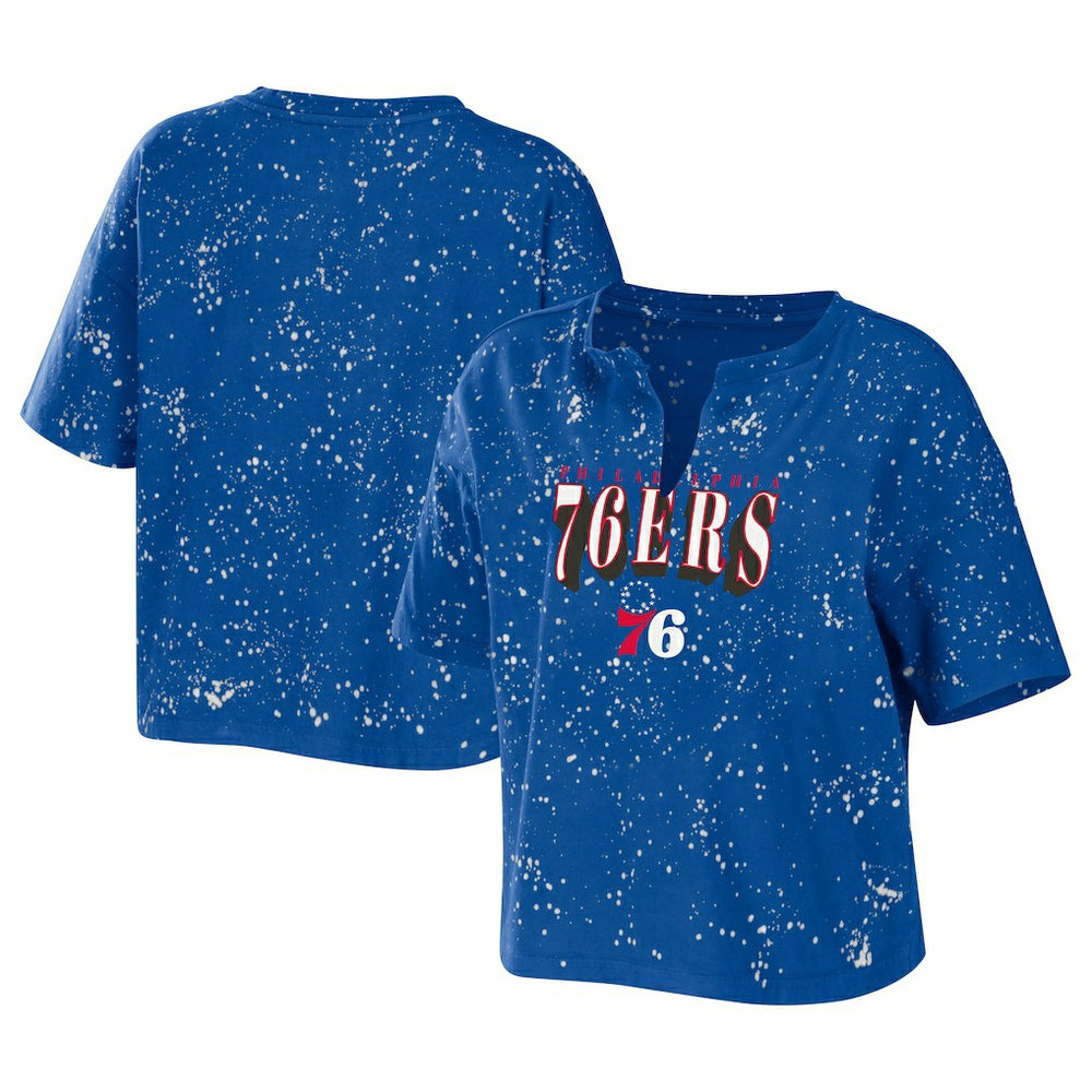 NBA - Philadelphia 76ers WEAR by Erin Andrews Women's Bleach Splatter Notch Neck T-Shirt - Royal