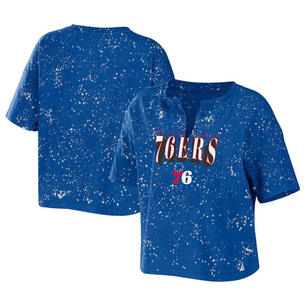 NBA - Philadelphia 76ers WEAR by Erin Andrews Women's Bleach Splatter Notch Neck T-Shirt - Royal