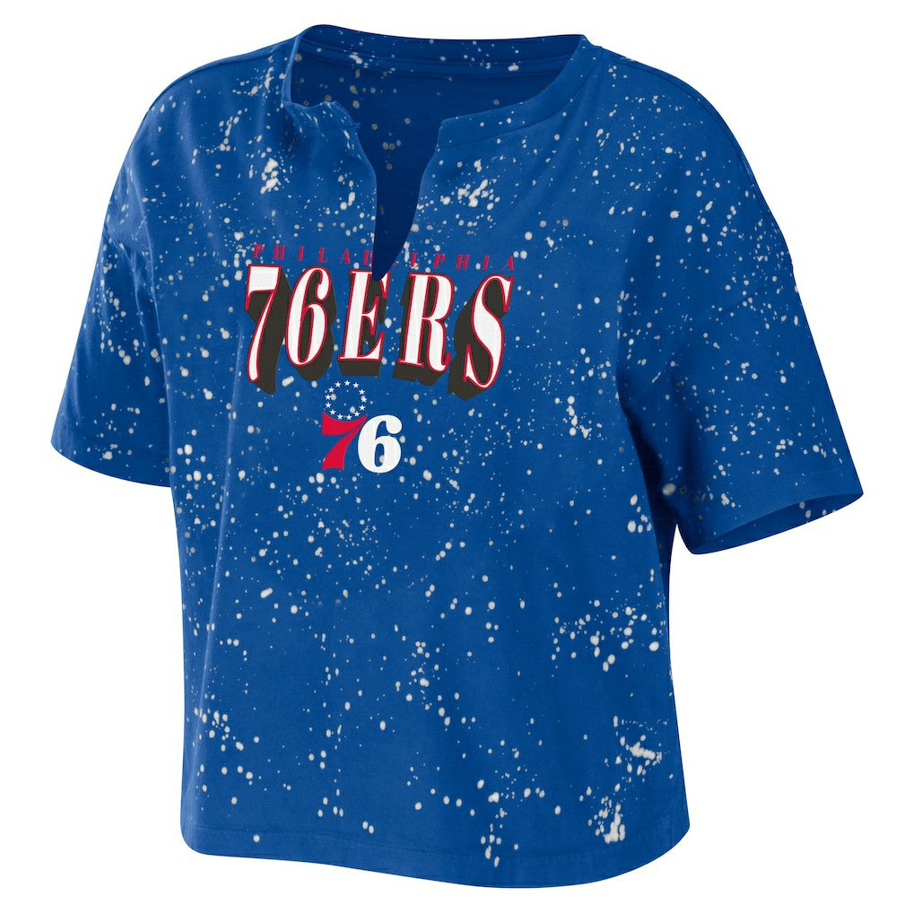 NBA - Philadelphia 76ers WEAR by Erin Andrews Women's Bleach Splatter Notch Neck T-Shirt - Royal