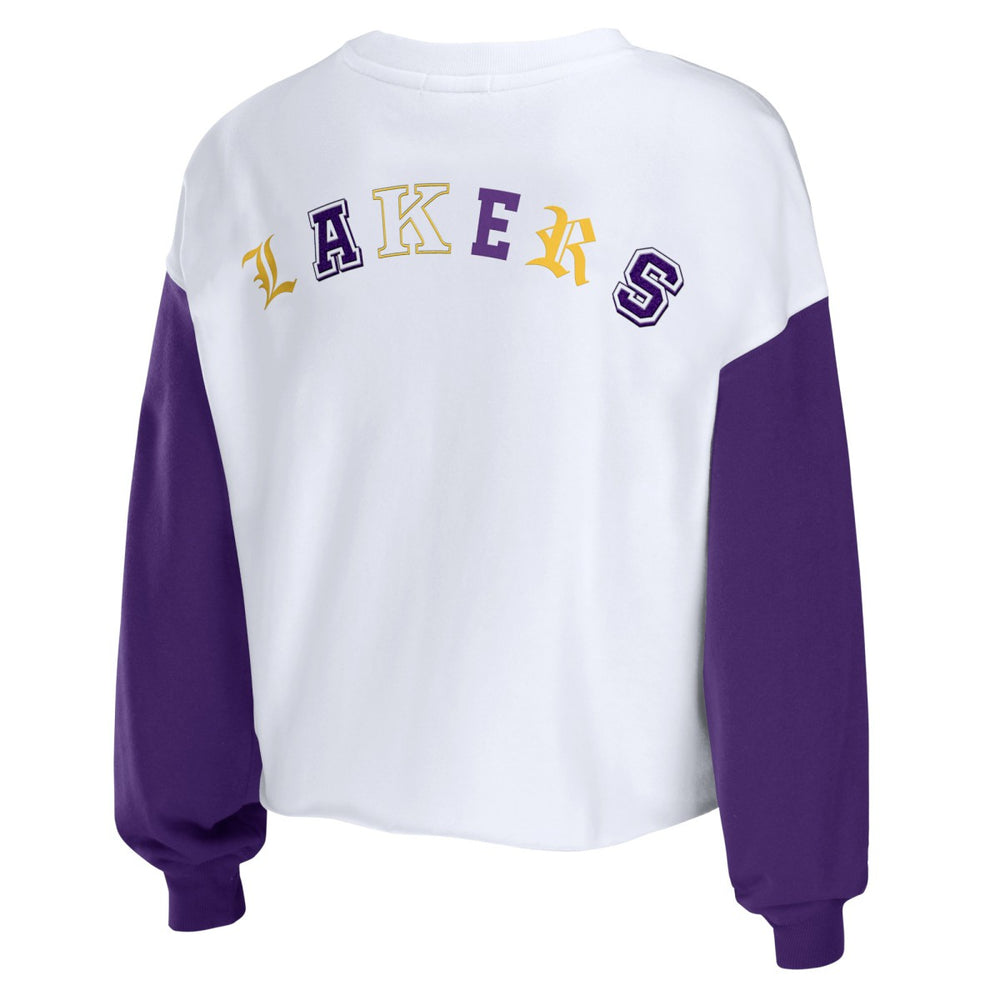 NBA - Los Angeles Lakers WEAR by Erin Andrews Women's Mixed Letter Cropped Pullover Sweatshirt - Heather Gold