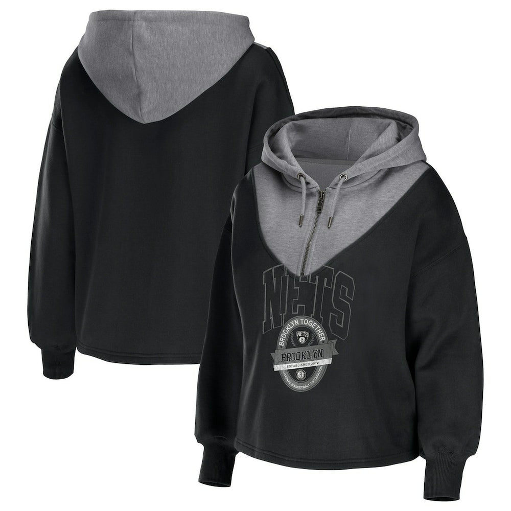 NBA - Brooklyn Nets WEAR by Erin Andrews Women's Pieced Quarter-Zip Hoodie Jacket - Black