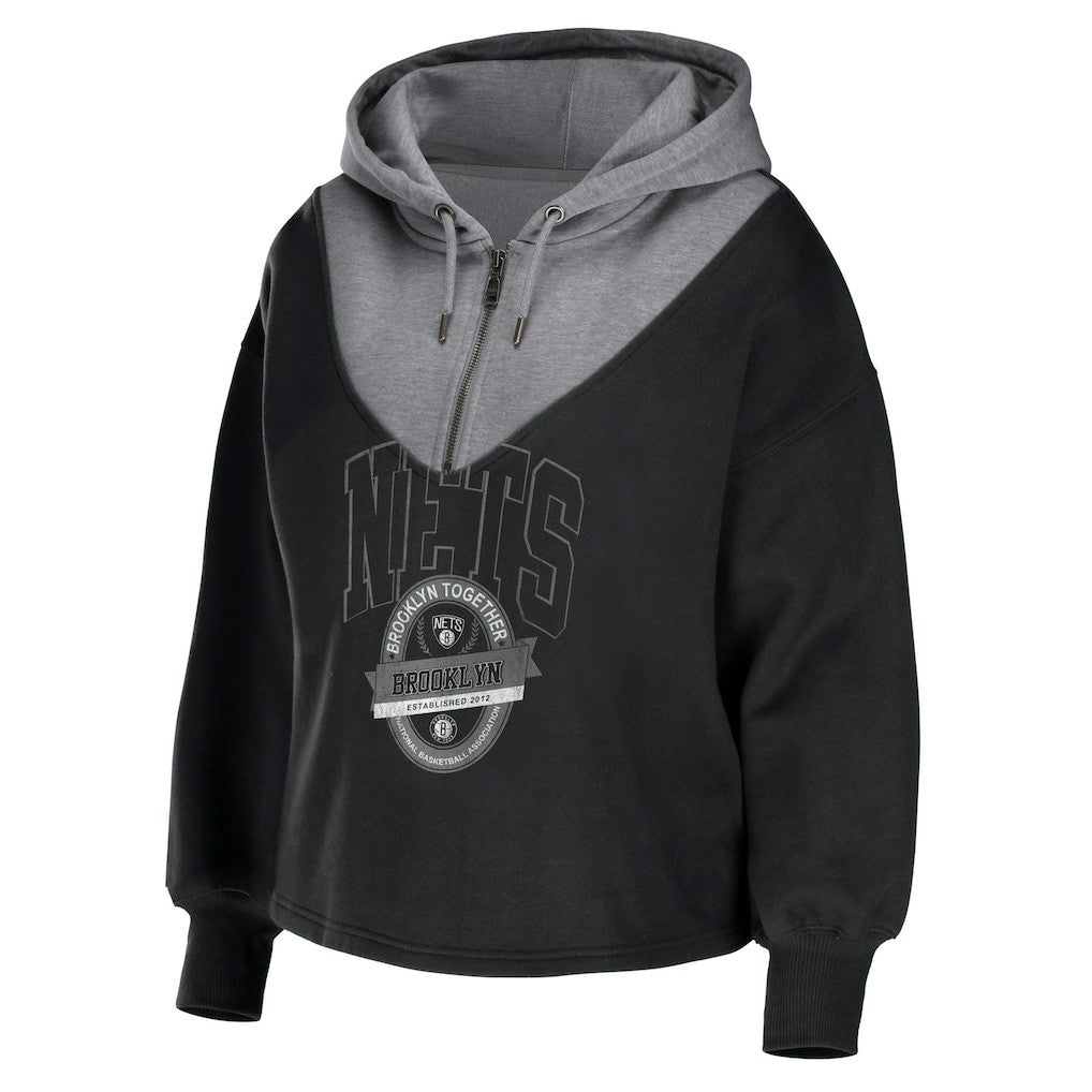NBA - Brooklyn Nets WEAR by Erin Andrews Women's Pieced Quarter-Zip Hoodie Jacket - Black