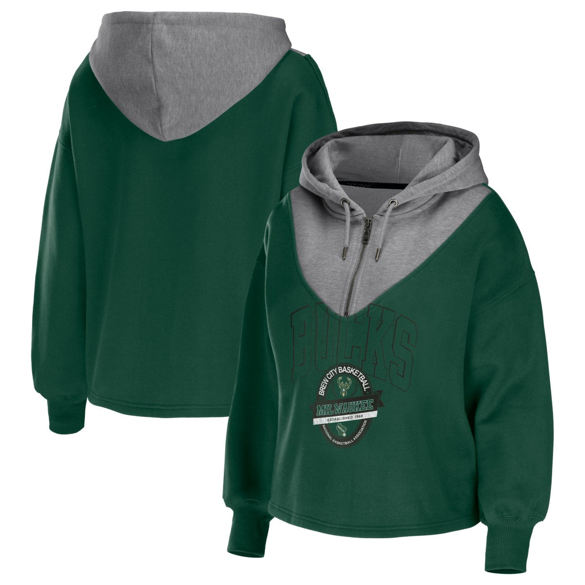 NBA - Milwaukee Bucks WEAR by Erin Andrews Women's Pieced Quarter-Zip Hoodie Jacket - Hunter Green
