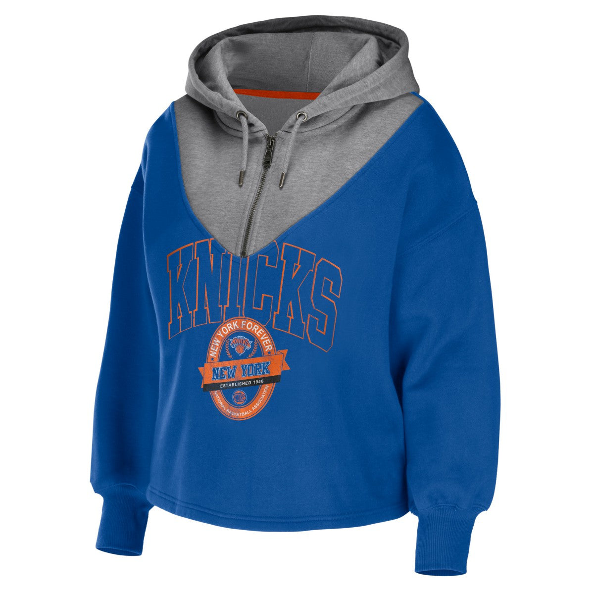 NBA - New York Knicks WEAR by Erin Andrews Women's Pieced Quarter-Zip Hoodie Jacket - Blue