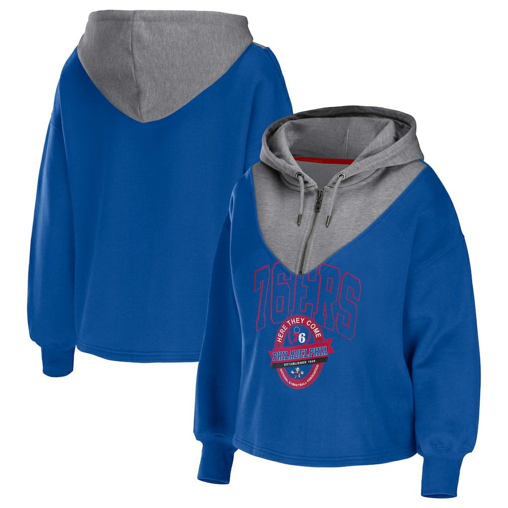 NBA - Philadelphia 76ers WEAR by Erin Andrews Women's Pieced Quarter-Zip Hoodie Jacket - Royal