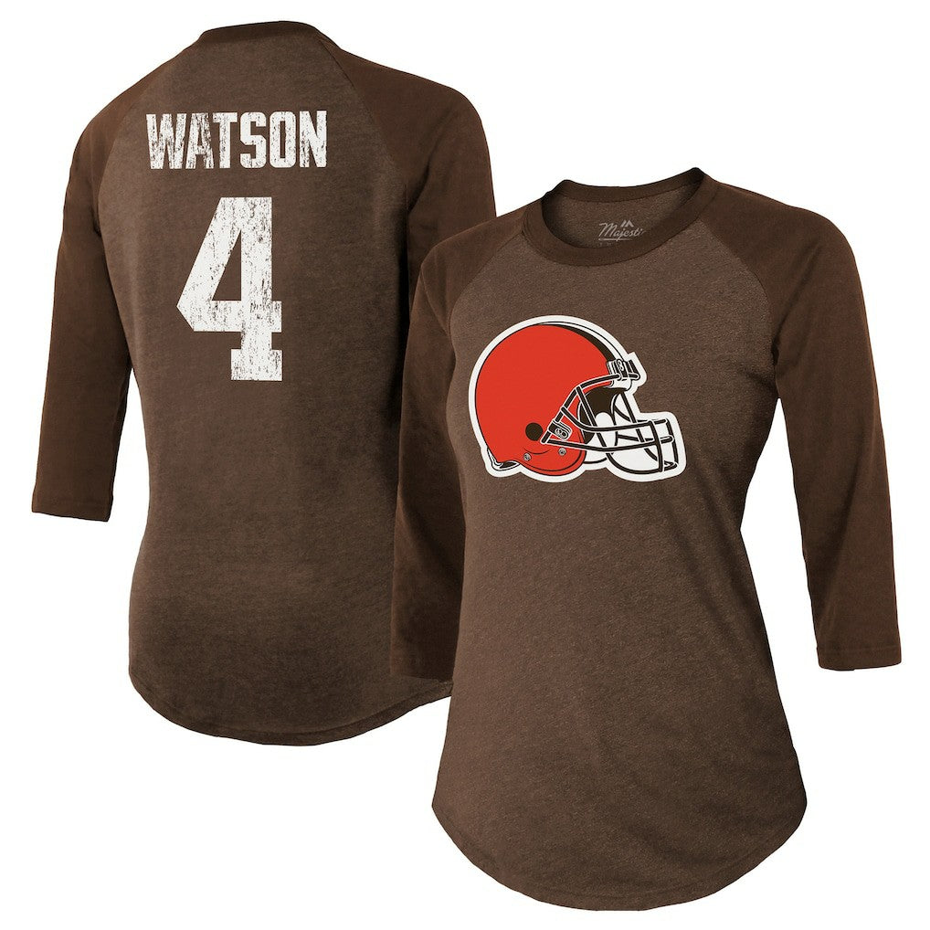 Deshaun Watson Cleveland Browns Majestic Threads Women's Name & Number Raglan 3/4 Sleeve T-Shirt Brown - NFL