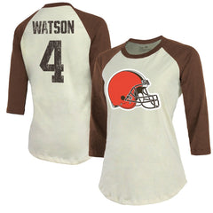 Deshaun Watson Cleveland Browns Majestic Threads Women's Player Name & Number Tri-Blend Three-Quarter Sleeve T-Shirt Cream - NFL