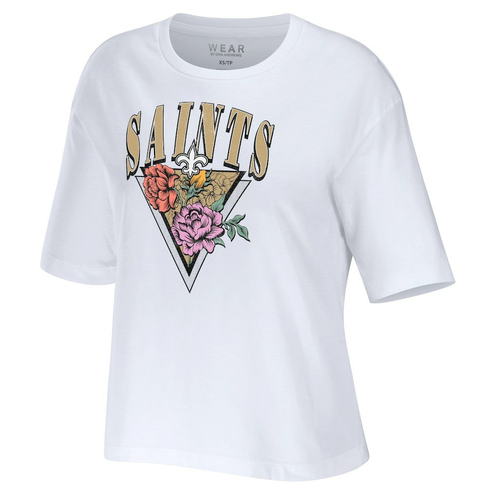 New Orleans Saints WEAR by Erin Andrews Women's Boxy Floral Cropped T-Shirt White - NFL