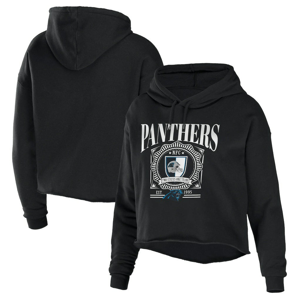 Carolina Panthers WEAR by Erin Andrews Women's Cropped Sponge Fleece Pullover Hoodie Black - NFL