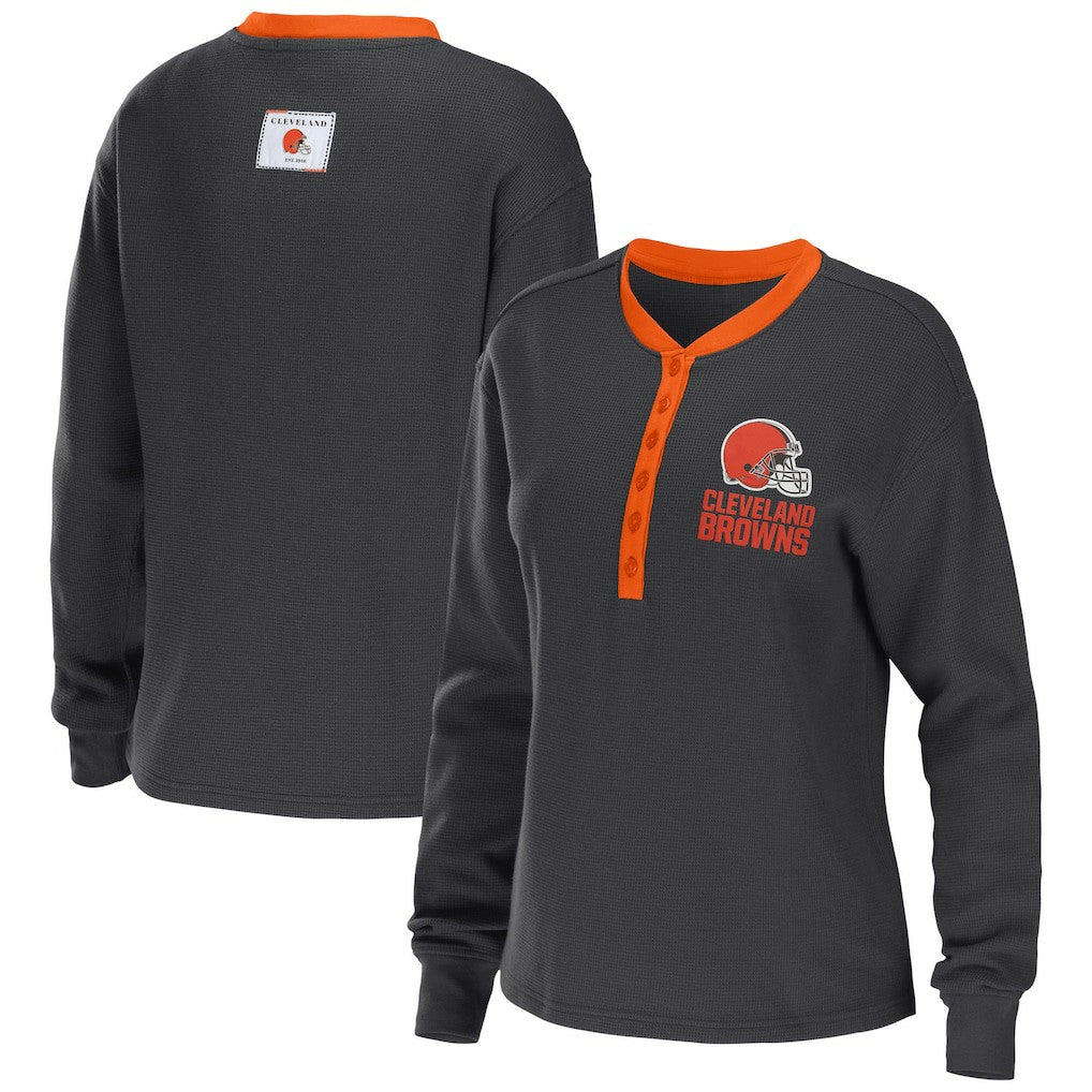 Cleveland Browns WEAR by Erin Andrews Women's Waffle Henley Long Sleeve T-Shirt Charcoal - NFL