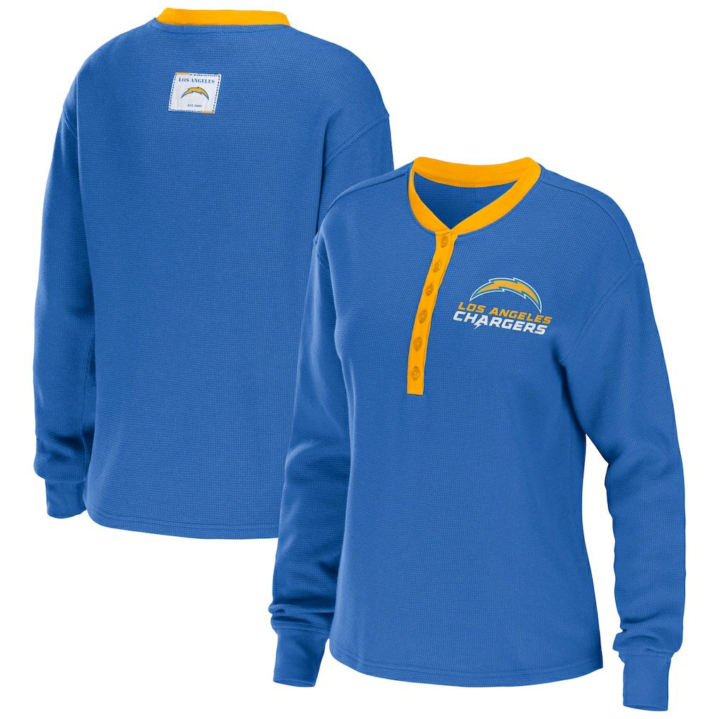 Los Angeles Chargers WEAR by Erin Andrews Women's Waffle Henley Long Sleeve T-Shirt Powder Blue - NFL