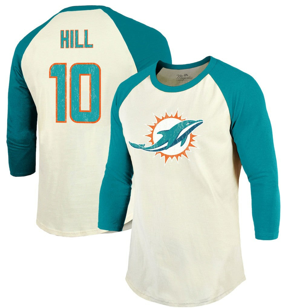 Tyreek Hill Miami Dolphins Majestic Threads Vintage Player Name & Number Raglan 3/4-Sleeve T-Shirt Cream/Aqua - NFL