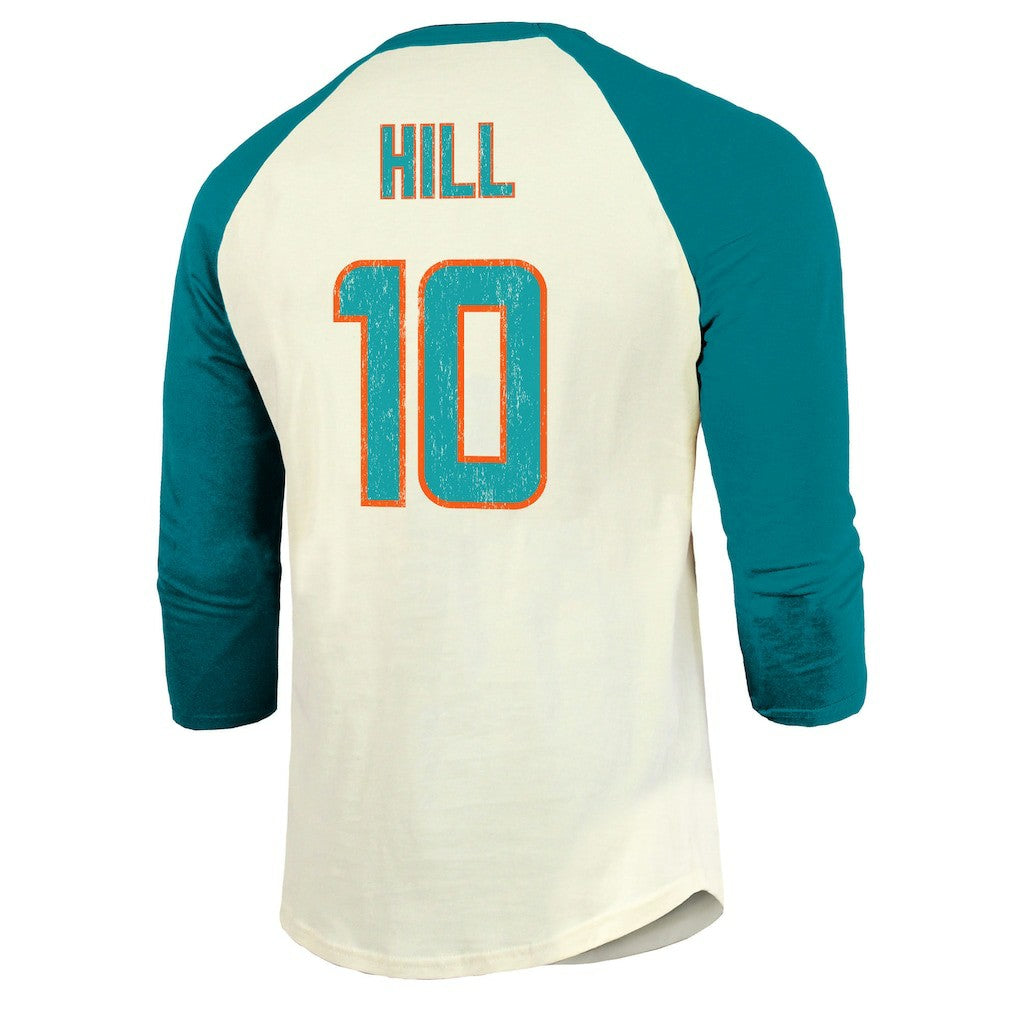 Tyreek Hill Miami Dolphins Majestic Threads Vintage Player Name & Number Raglan 3/4-Sleeve T-Shirt Cream/Aqua - NFL