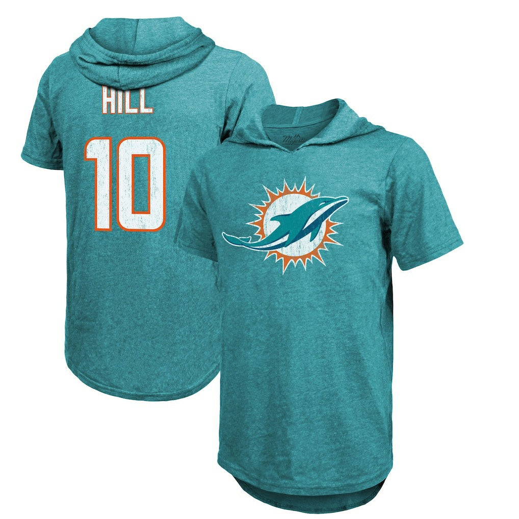 Tyreek Hill Miami Dolphins Majestic Threads Player Name & Number Short Sleeve Hoodie T-Shirt Aqua - NFL