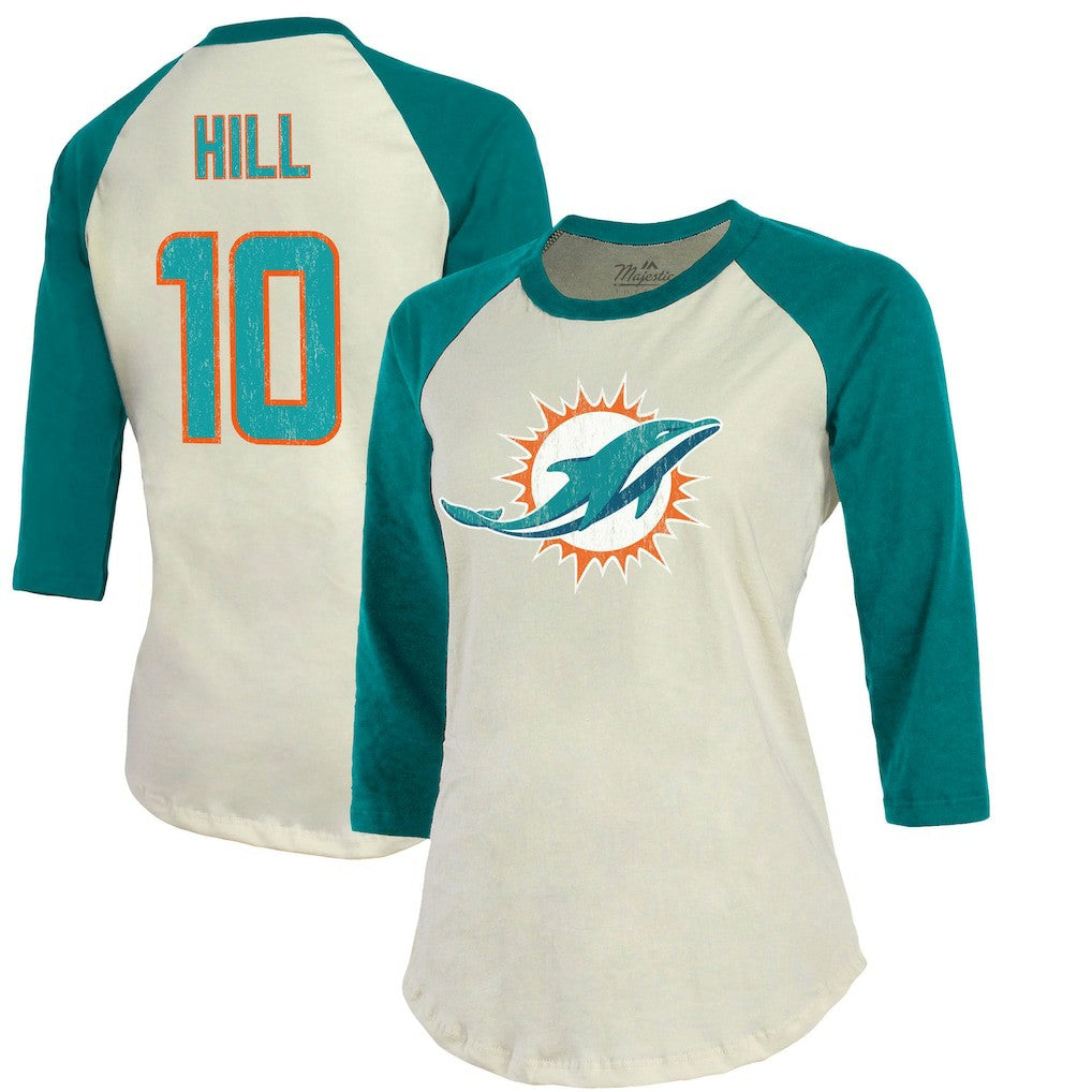 Tyreek Hill Miami Dolphins Majestic Threads Vintage Player Name & Number Raglan 3/4-Sleeve T-Shirt Cream/Aqua - NFL