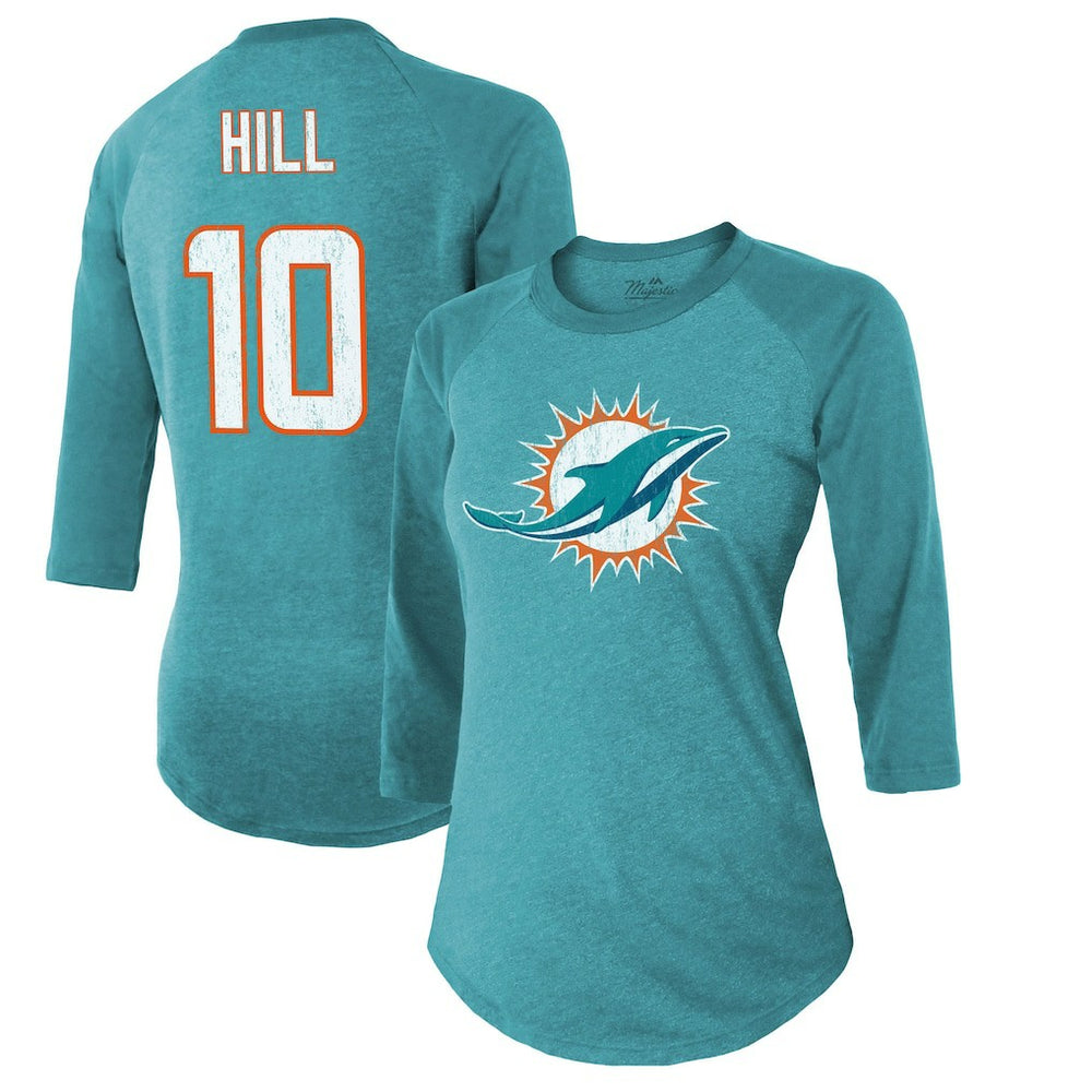 Tyreek Hill Miami Dolphins Majestic Threads Women's Name & Number Raglan 3/4 Sleeve T-Shirt Aqua - NFL