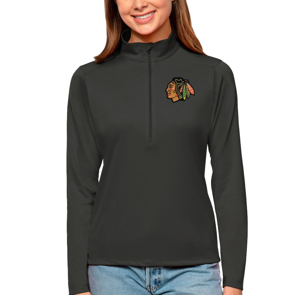 Chicago Blackhawks Antigua Women's Tribute Quarter-Zip Pullover Top Charcoal