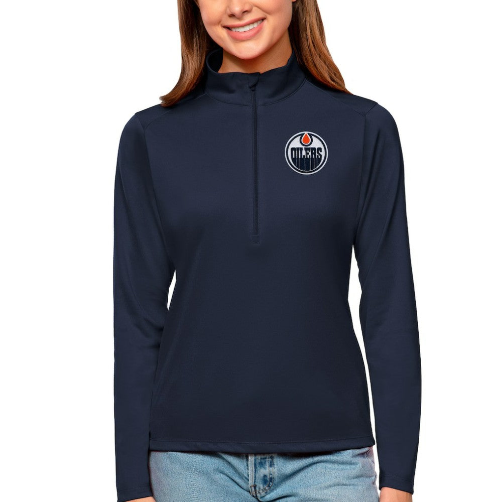 Edmonton Oilers - Antigua Women's Tribute Quarter-Zip Pullover Top Navy