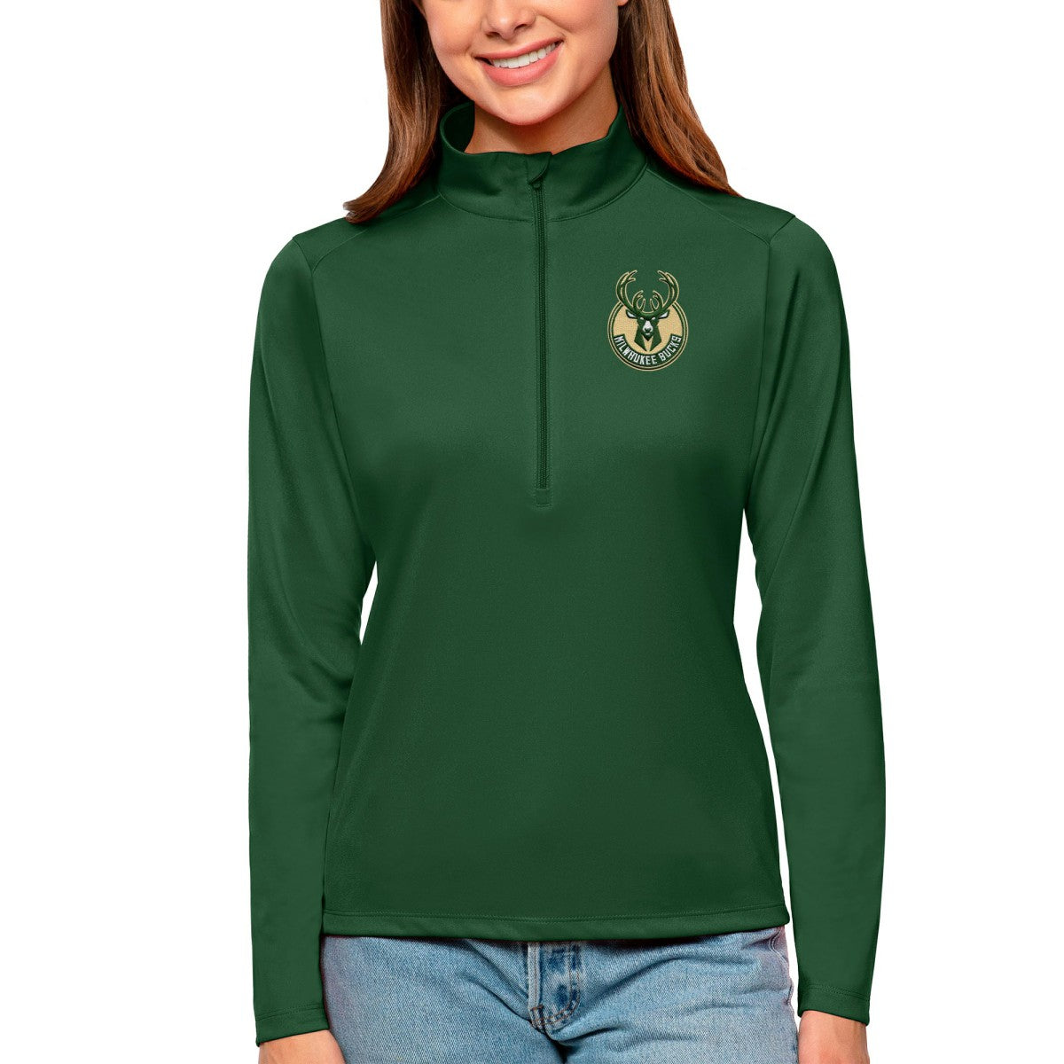 NBA - Milwaukee Bucks Antigua Women's Tribute Half-Zip Top - Hunter Green