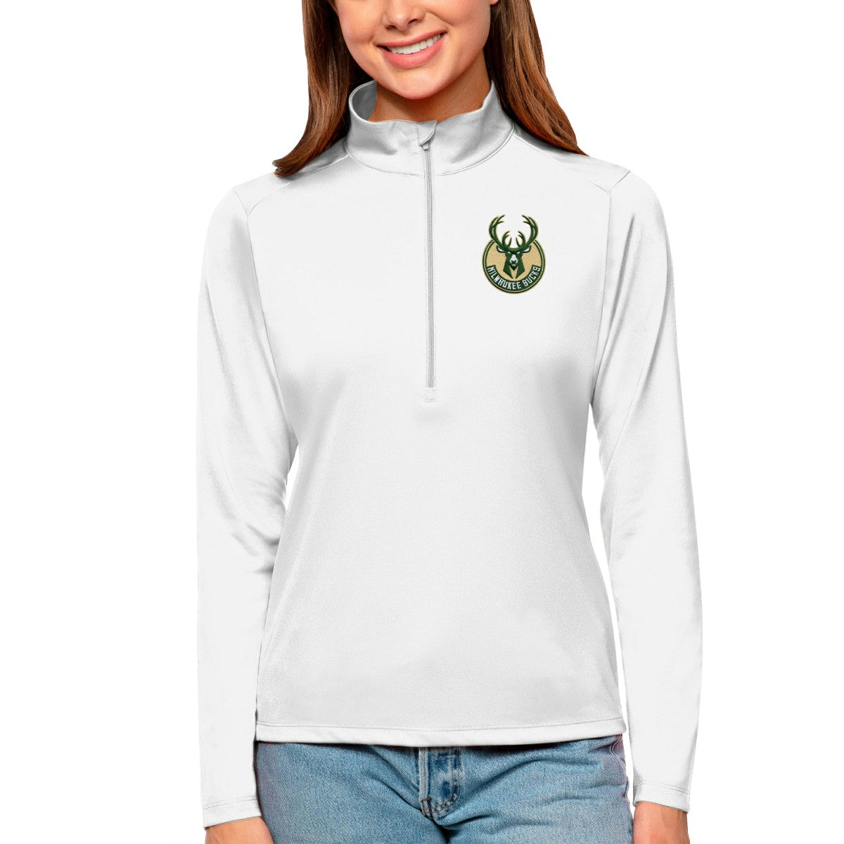NBA - Milwaukee Bucks Antigua Women's Tribute Half-Zip Top - White