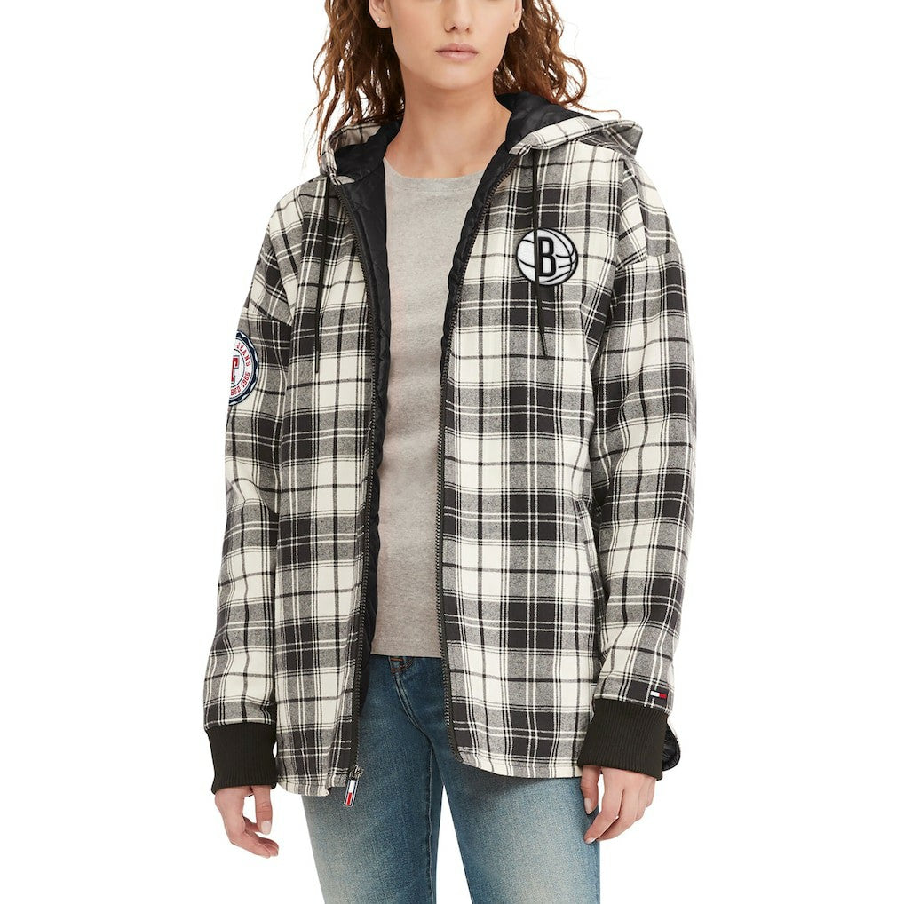 NBA - Brooklyn Nets Tommy Jeans Women's Molly Flannel Full-Zip Hoodie - Black/Cream