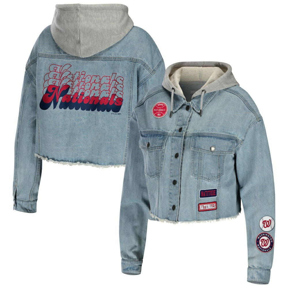 Washington Nationals WEAR by Erin Andrews Women's Hooded Button-Up Denim Jacket for sale