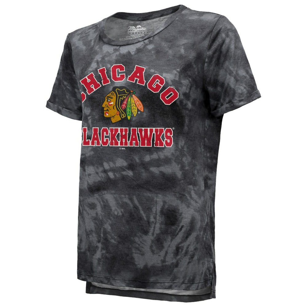 Chicago Blackhawks Majestic Threads Women's Boyfriend Tie-Dye Tri-Blend T-Shirt Black