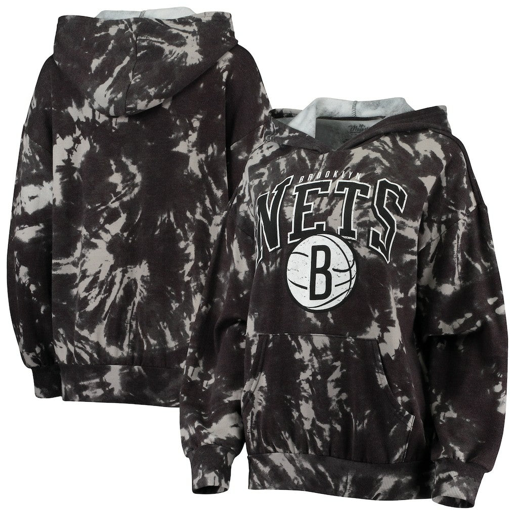 NBA - Brooklyn Nets Majestic Threads Women's Burble Tie-Dye Tri-Blend Pullover Hoodie - Black