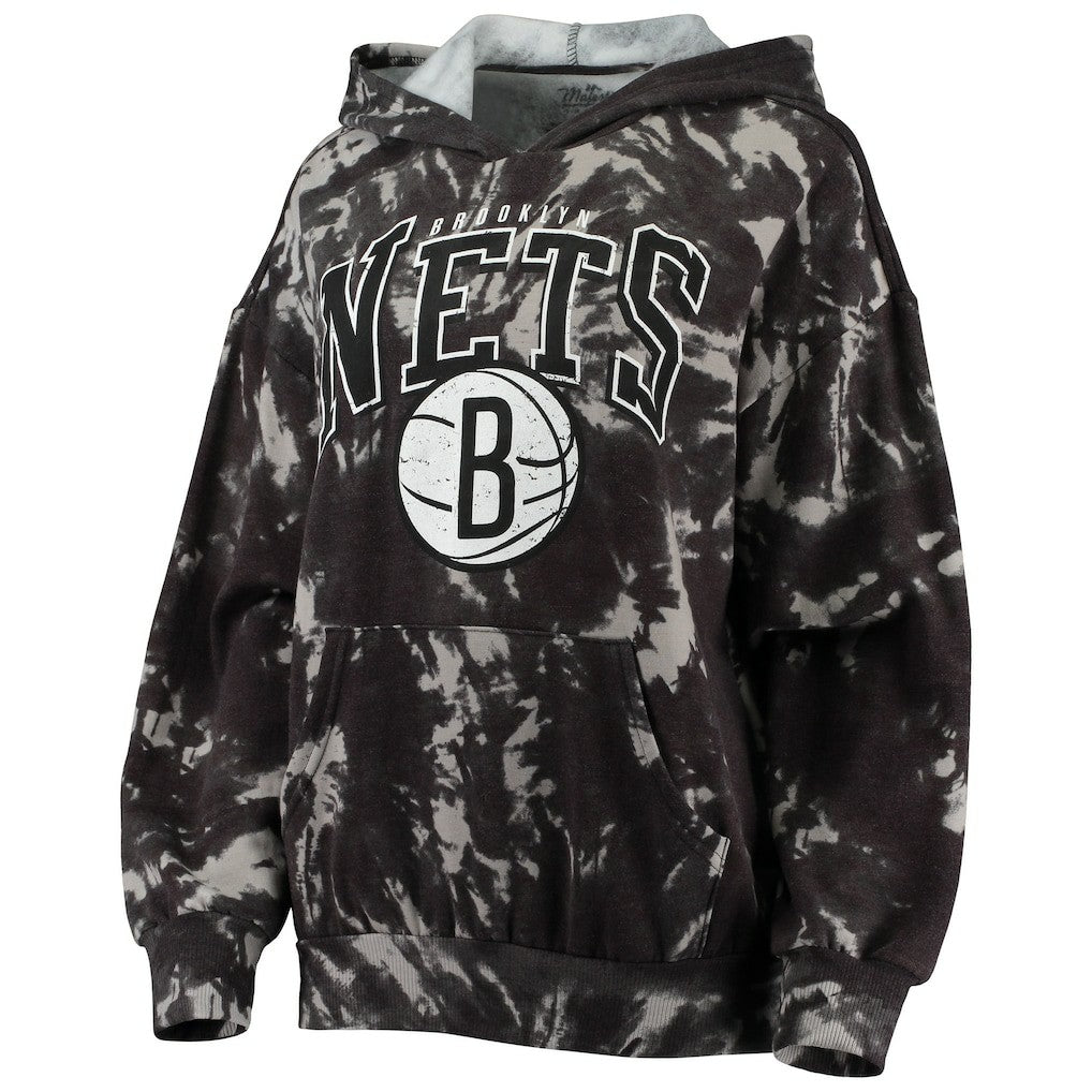NBA - Brooklyn Nets Majestic Threads Women's Burble Tie-Dye Tri-Blend Pullover Hoodie - Black