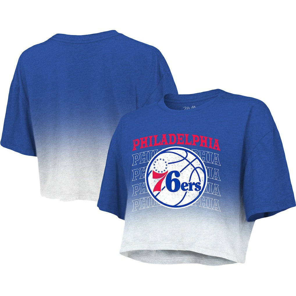 NBA - Philadelphia 76ers Majestic Threads Women's Repeat Dip-Dye Cropped T-Shirt - Royal/White