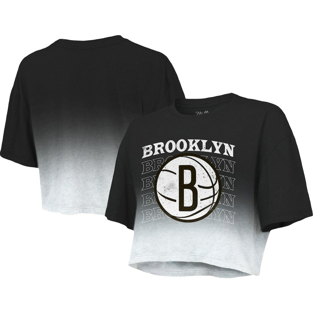 NBA - Brooklyn Nets Majestic Threads Women's Repeat Dip-Dye Cropped T-Shirt - Black/White