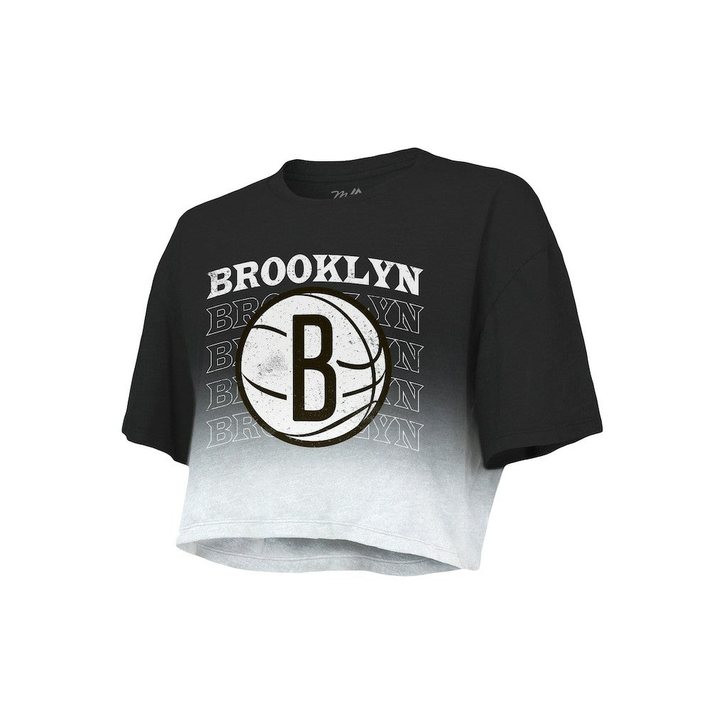 NBA - Brooklyn Nets Majestic Threads Women's Repeat Dip-Dye Cropped T-Shirt - Black/White