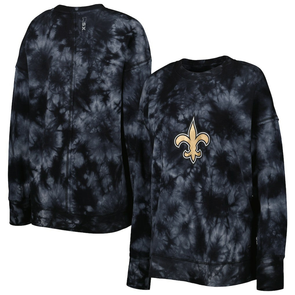 New Orleans Saints MSX by Michael Strahan Women's Bailey Tie-Dye Tri-Blend Pullover Sweatshirt Black - NFL