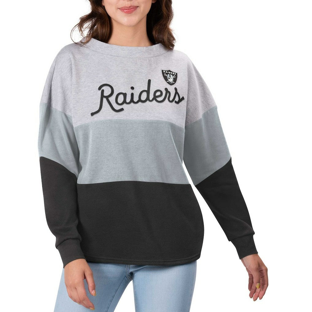 Las Vegas Raiders Touch Women's Outfield Deep V-Back Waist Length Pullover Sweatshirt Heather Gray/Black - NFL