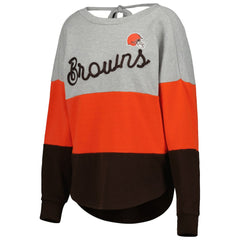 Cleveland Browns Touch Women's Outfield Deep V-Back Waist Length Pullover Sweatshirt Heather Gray/Brown - NFL