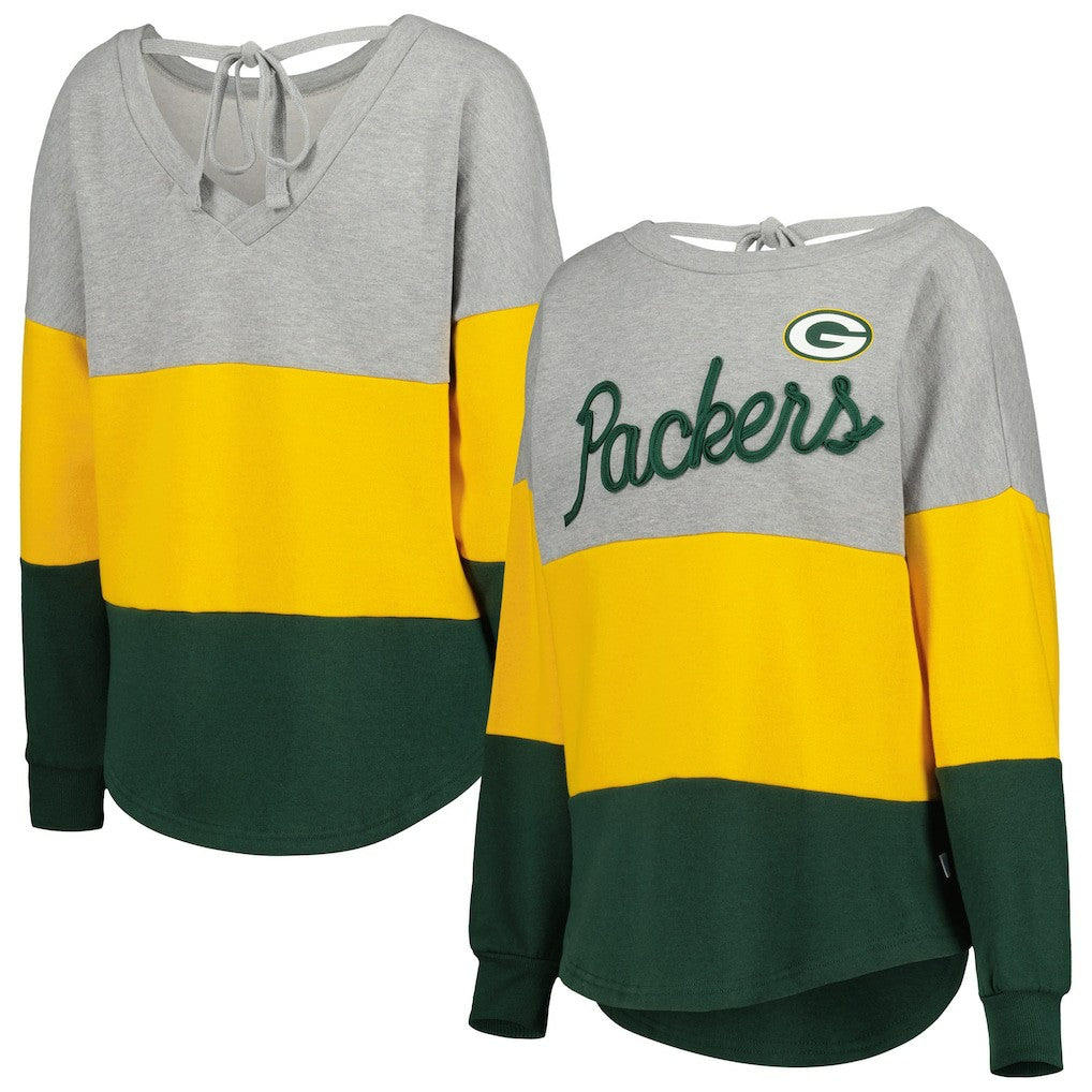 Green Bay Packers Touch Women's Outfield Deep V-Back Waist Length Pullover Sweatshirt Heather Gray/Green - NFL